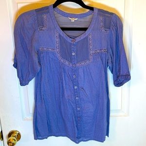 Periwinkle blue button up cotton and lace top